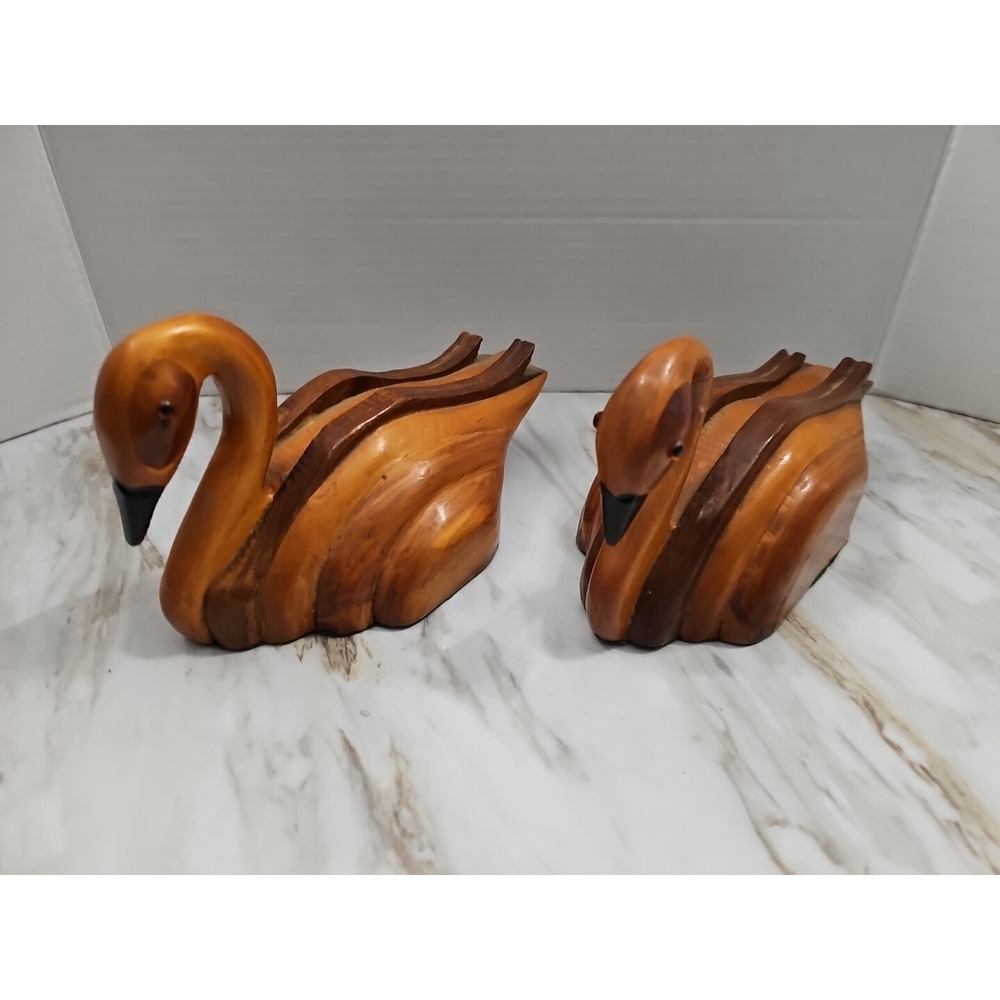 Rare Vintage Hand-carved Wooden Swan Set 2 Tone glass eyes office home decor